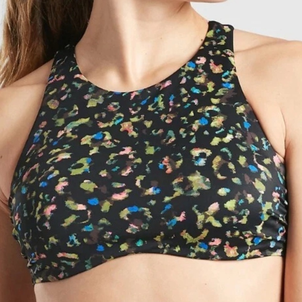 Athleta High Neck Bikini Swim Top Black Leopard Print Women’s 36 B/C